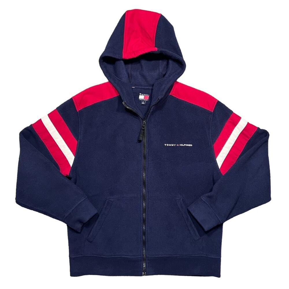 Tommy Hilfiger Logo Vintage 90s Y2K Zip-Up Hooded Fleece Jacket Mens Size Small
